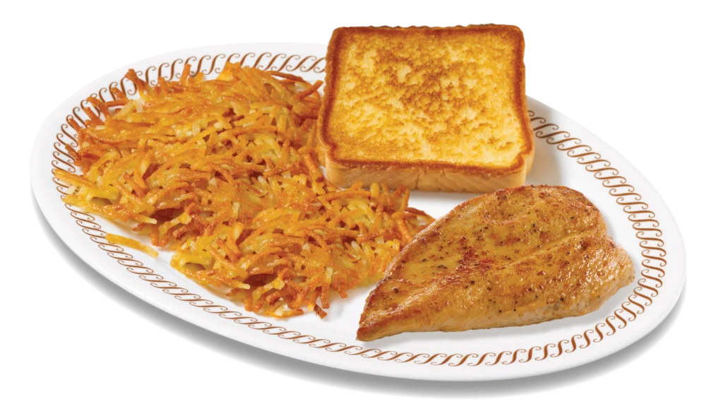 Chicken Dinner served with crispy fried chicken, hashbrowns, toast and classic Waffle House sides