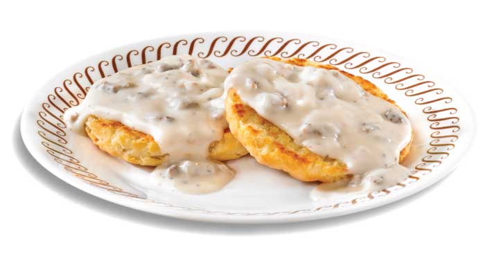 Waffle House Biscuit & Gravy served on white plate with creamy sausage gravy